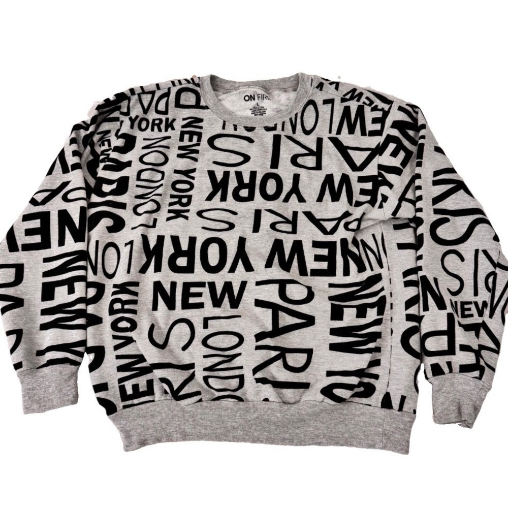 On Fire Sweatshirt Girls L Gray Long Sleeve New York Paris London Streetwear